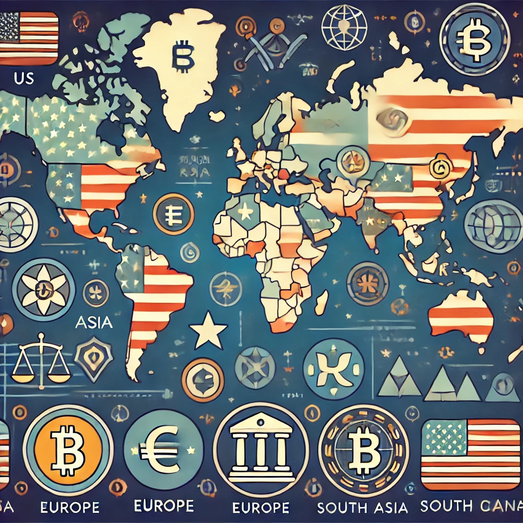 Regulatory maps showing the US, Europe, Asia, and South America, with icons indicating different regulatory approaches and potential changes.