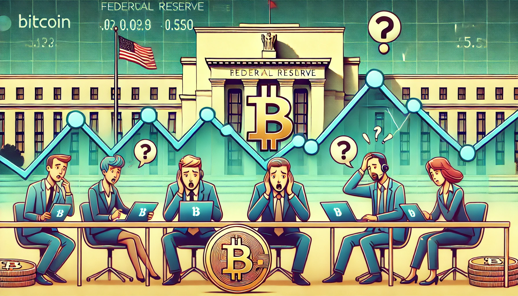 Bitcoin price drop causes market anxiety, with confused investors at Federal Reserve backdrop