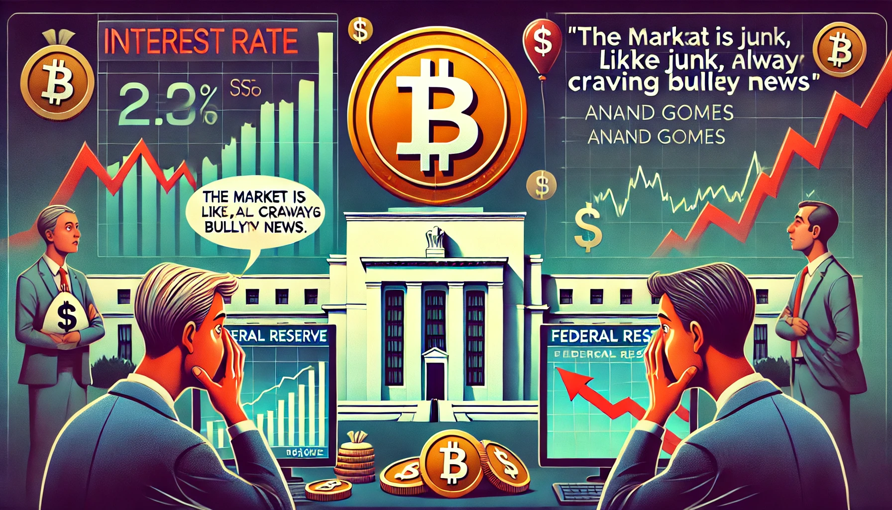 Animated image of anxious investors watching Bitcoin and inflation trends, reflecting market uncertainty