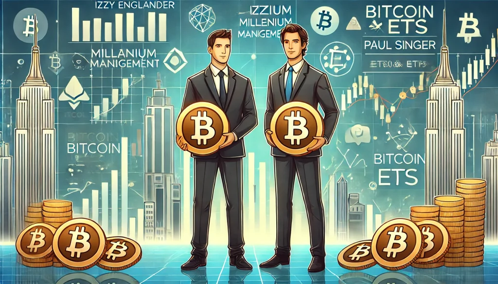 Two hedge fund managers holding Bitcoin coins with charts and financial symbols