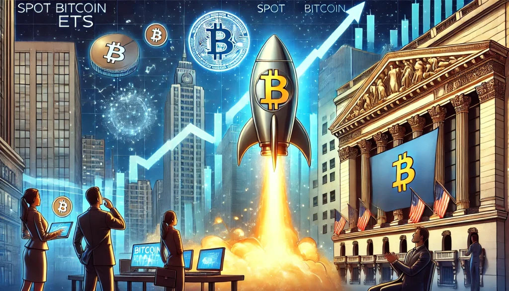 Rocket with Bitcoin logo launching, symbolizing spot Bitcoin ETFs and financial growth