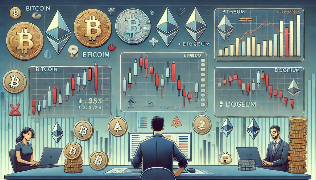 Animated image of falling cryptocurrency prices, featuring Bitcoin, Ethereum, and Dogecoin in a cautious market