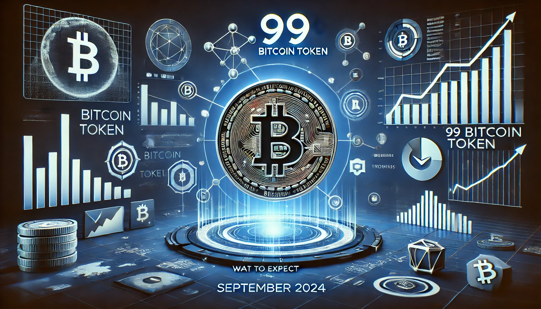 Animated image of 99 Bitcoin Token with market trends, digital wallets, and rising graphs