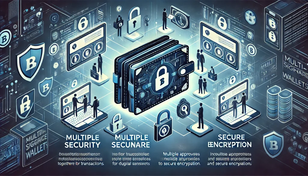 Modern illustration of multi-signature wallets with collaborative security, featuring padlocks and digital signatures