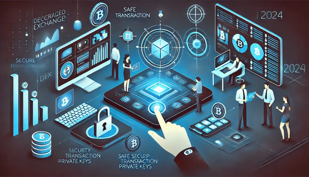 Illustration of secure decentralized exchange setup with encryption, blockchain, and multi-step verification icons