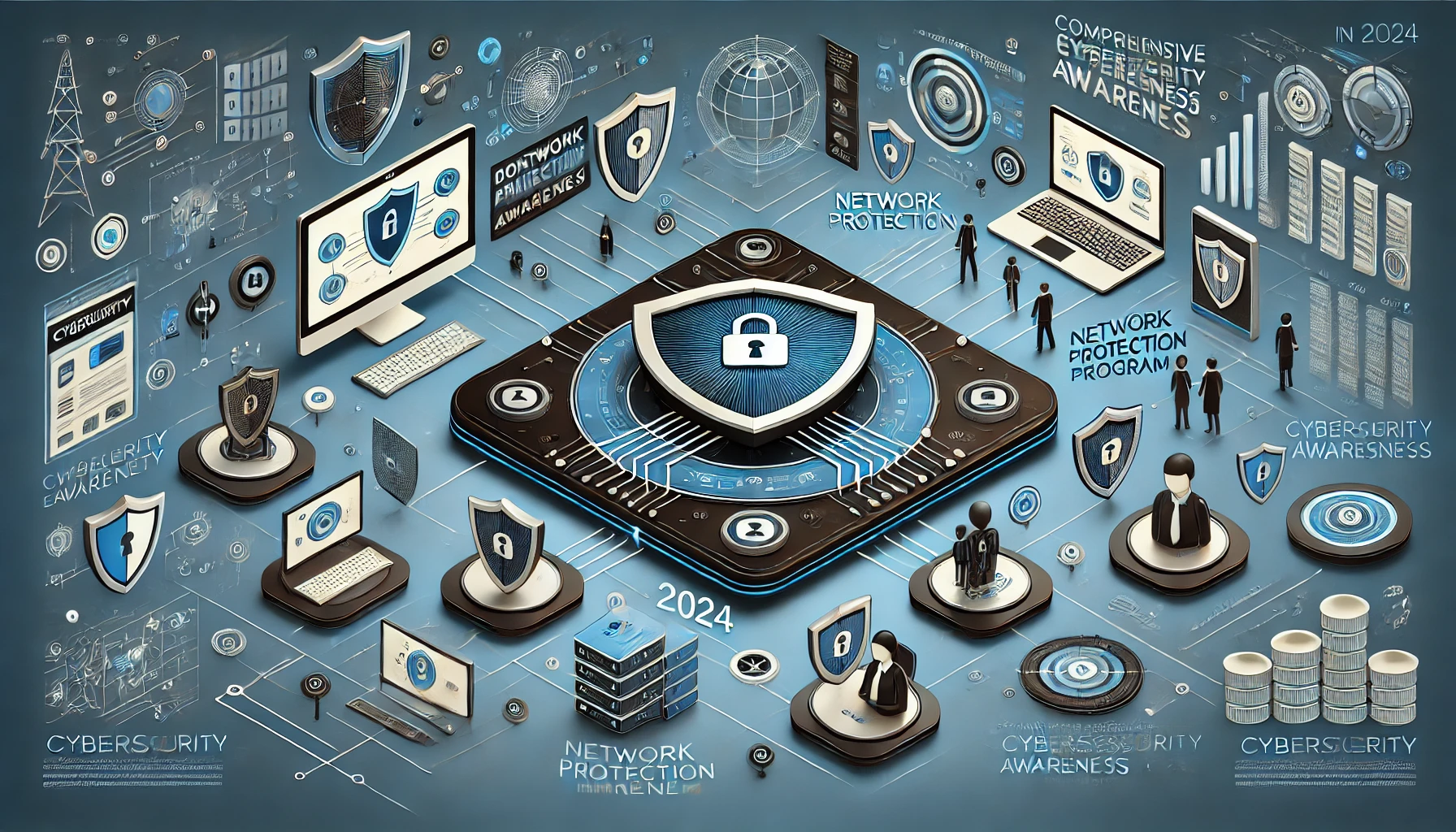 Illustration of cybersecurity awareness program with shields, training modules, and network protection icons