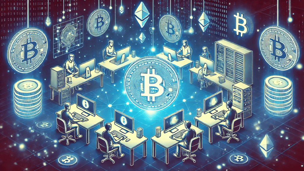 Several individuals, both male and female, are seated at computer workstations in a dark, digital-themed room filled with floating cryptocurrency symbols like Bitcoin and Ethereum.