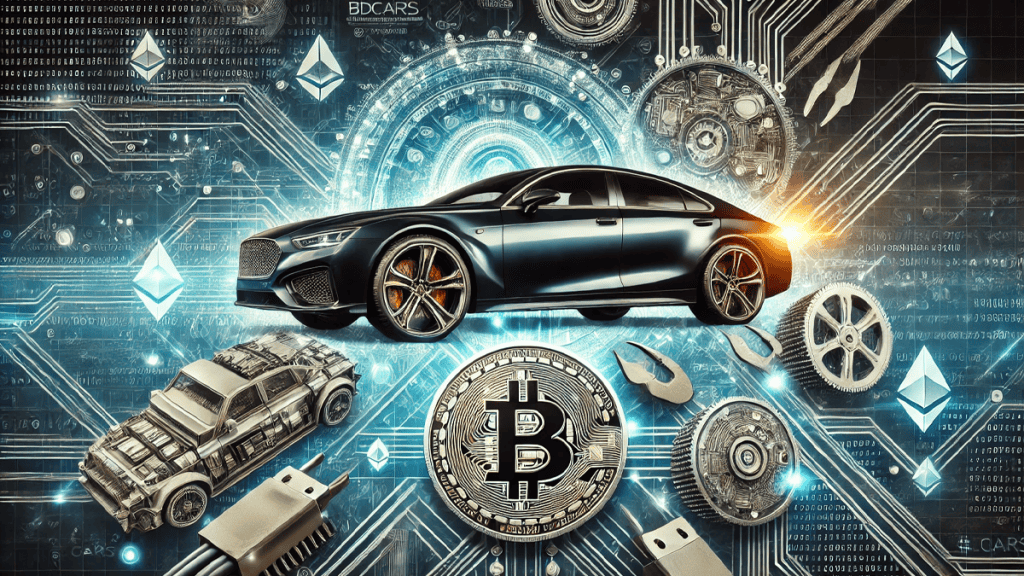 A sleek, modern sports car in motion, set against a backdrop of high-tech digital circuitry and cryptocurrency symbols such as Bitcoin and Ethereum.