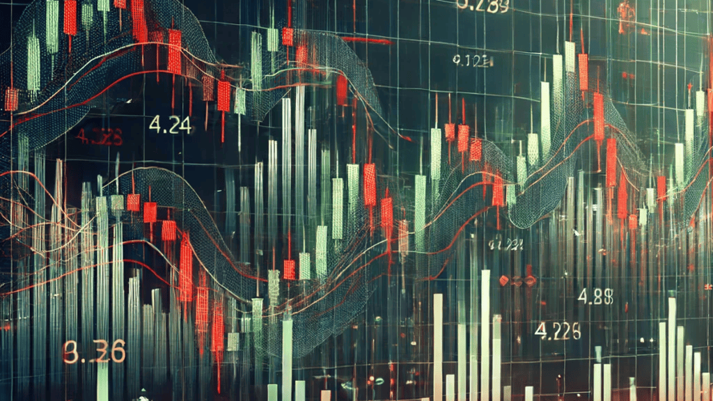 Chart showing multiple candlestick patterns with red and green bars, trend lines, and volume bars.