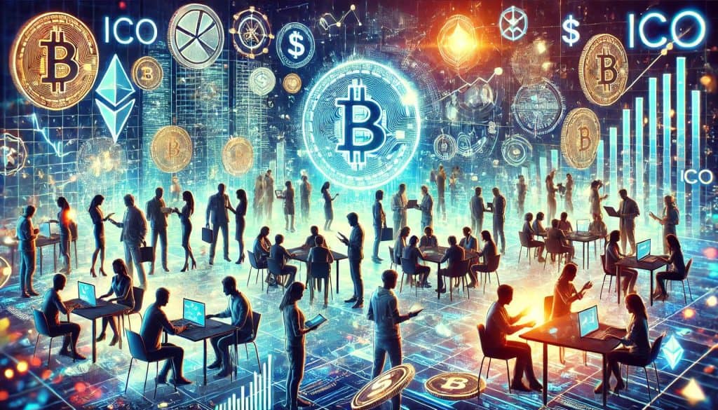 It features cryptocurrency reveals, artistic renderings of various individuals exchanging cryptocurrencies for tokens, holographic financial charts, digital ledgers, and investors participating in a crowded virtual marketplace.