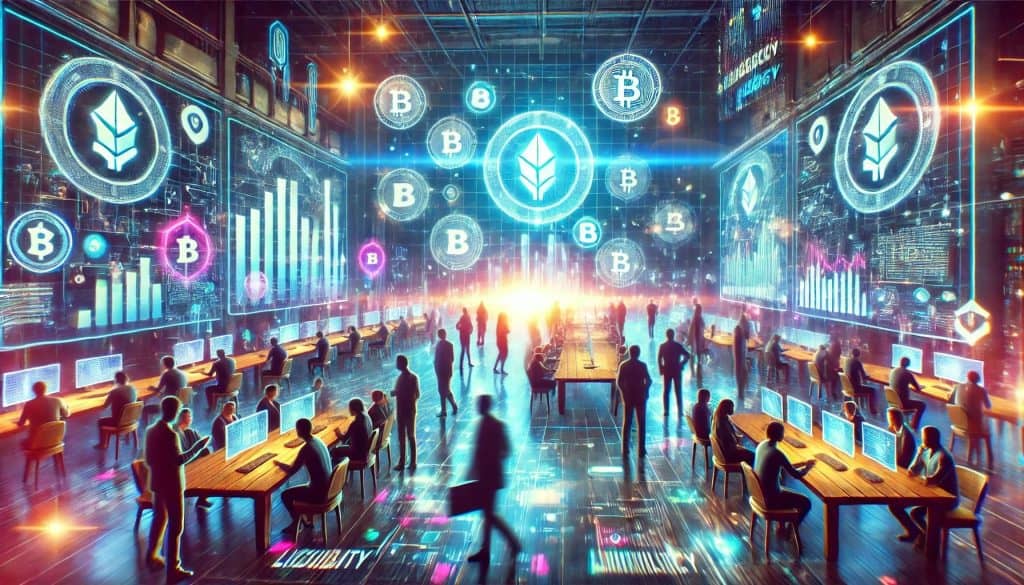 A digital marketplace bustling with tokens, investors engaged in trading, dynamic lights and energy, traded on a large holographic screen, indicating liquidity and active trading. Cryptocurrency public