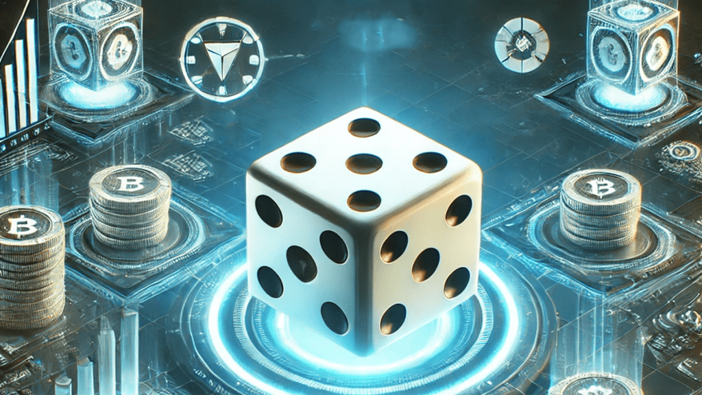 Futuristic graphic featuring a large white dice in the center, surrounded by blockchain and cryptocurrency elements