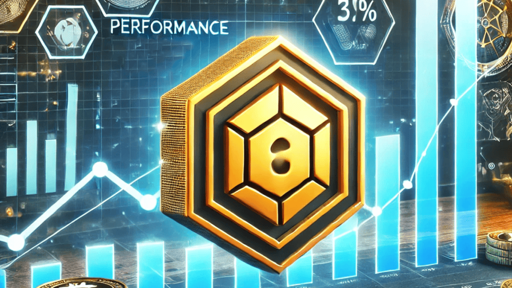 Mega Dice Token performance with a golden token icon in the center, surrounded by financial charts and graphs showing upward trends