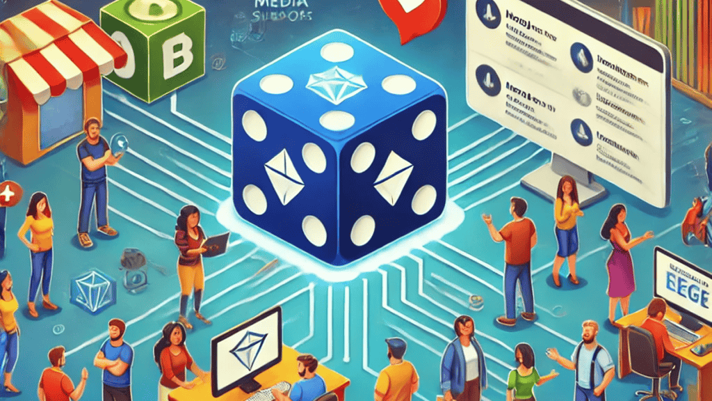 Mega Dice Token community and developer support. Central image features a large blue dice with crypto symbols, surrounded by people interacting, social media icons, and blockchain elements