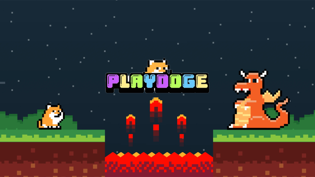 Pixel art scene from PlayDoge game featuring a small dog character, a dog astronaut, and a larger dragon character on a grassy platform against a starry night sky.