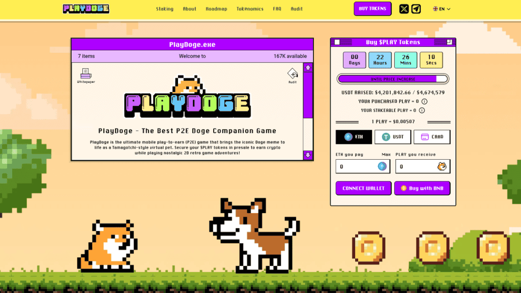 PlayDoge game interface showing the platform's homepage with options to buy $PLAY tokens