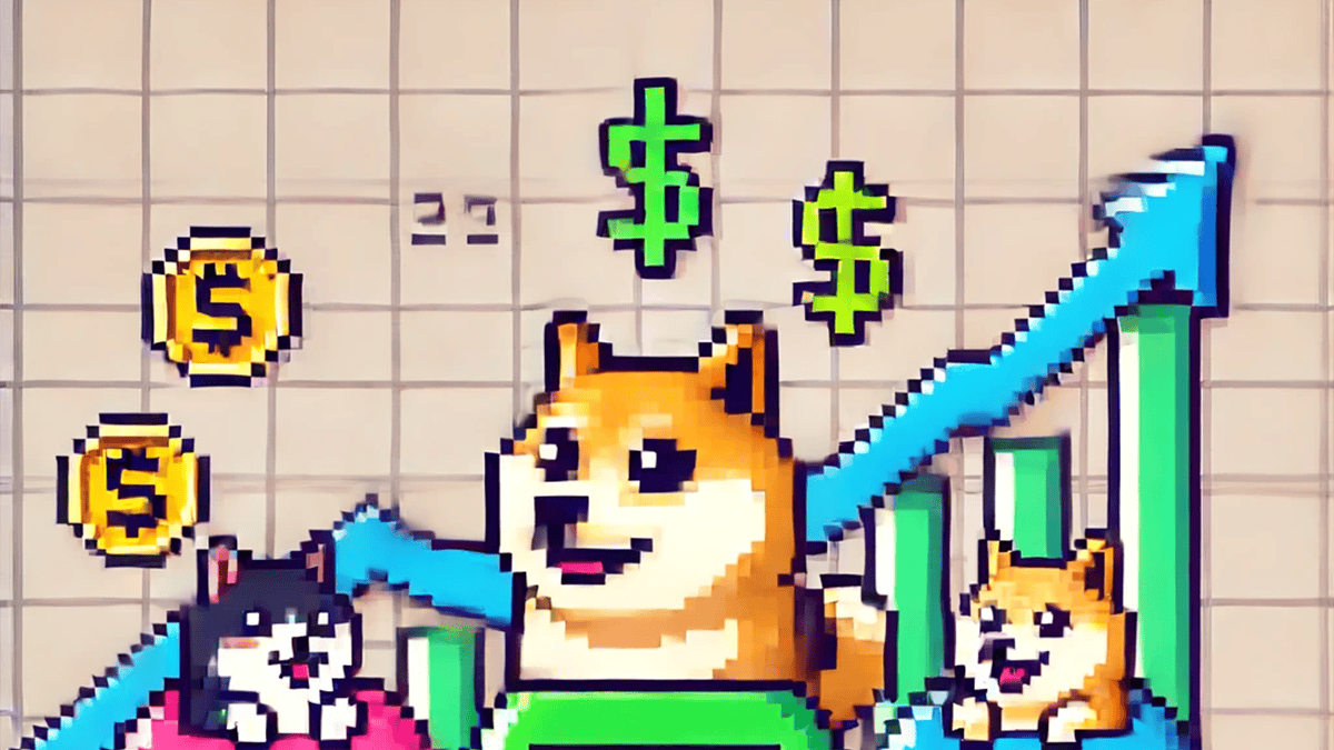 Pixelated financial graph in the PlayDoge game showing an upward trend with coins and dollar signs, featuring cartoonish dog characters celebrating the growth.