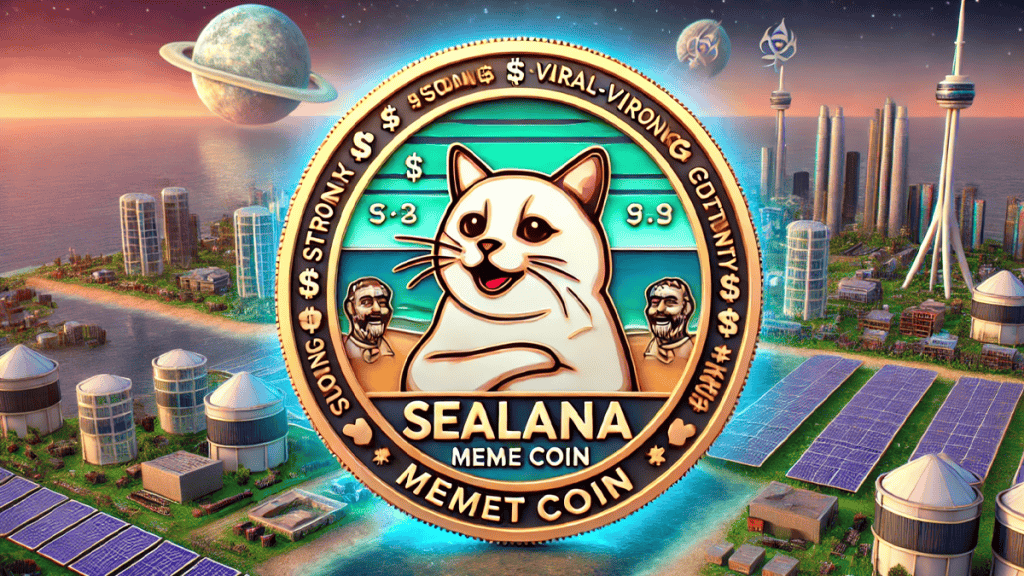 Sealana meme coin emblem displayed prominently against a futuristic cityscape backdrop, complete with advanced buildings, solar panels, and an extraterrestrial planet in the sky.