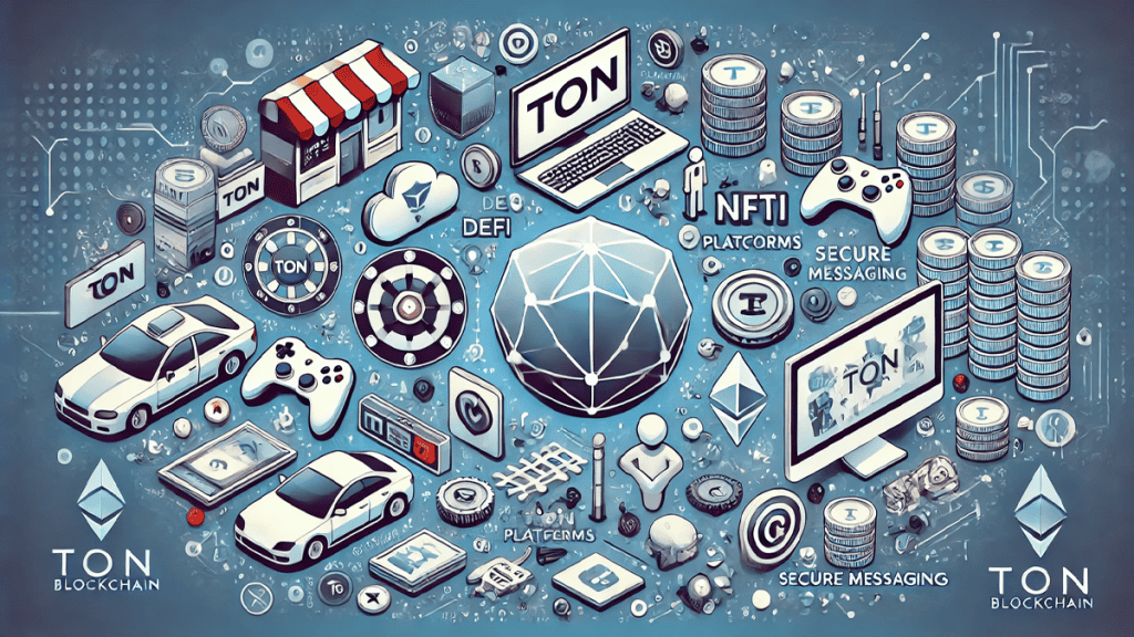 Various use cases and applications of the TON blockchain such as DeFi platforms, gaming, NFTs, secure messaging, and data storage.