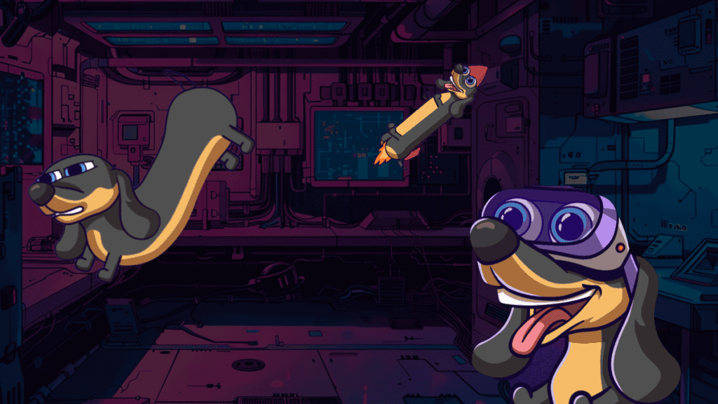 A whimsical scene featuring cartoon dachshunds in a futuristic, high-tech environment.