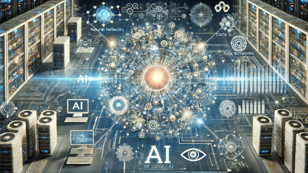 Interconnected AI components, data networks, and advanced algorithms.