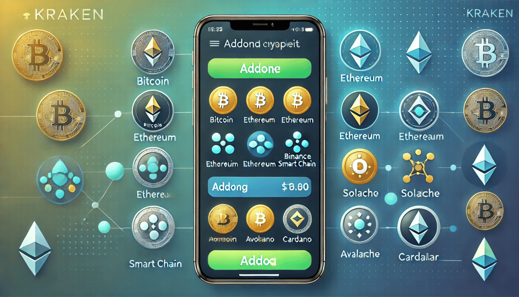 Image showing the Kraken Wallet app interface on a smartphone, with options to add cryptocurrencies like Bitcoin (BTC), Ethereum, Binance Smart Chain, Polkadot, Solana, Avalanche, Cardano, and Stellar.