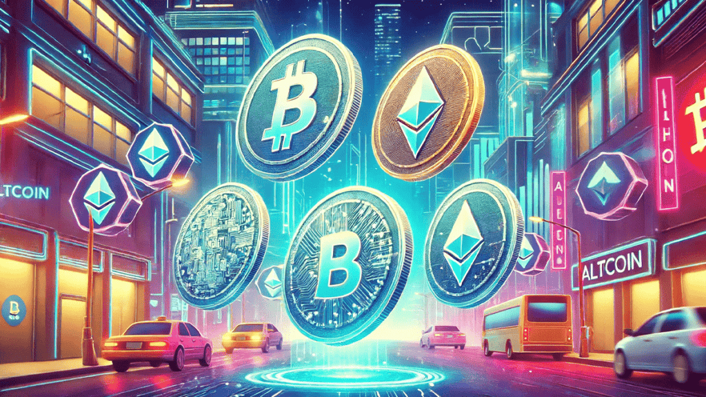 altcoins including Bitcoin and Ethereum in a vibrant cityscape, highlighting the diversity and prominence of cryptocurrencies in the digital financial market.