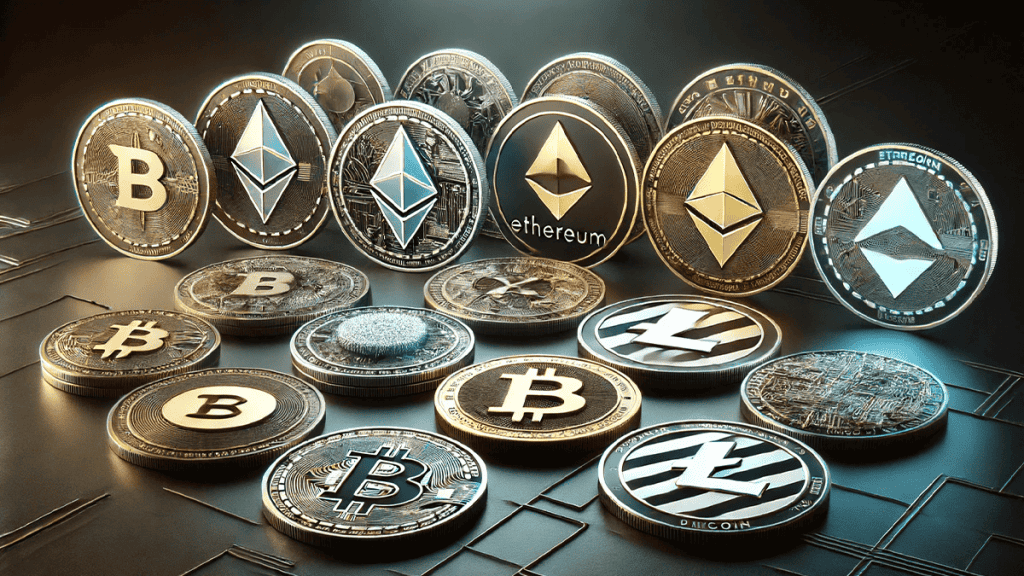  Various cryptocurrency coins including Bitcoin, Ethereum, and Litecoin displayed on a digital background, showcasing the variety and presence of altcoins in the cryptocurrency market.