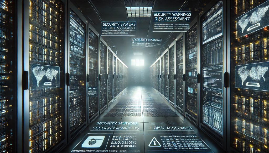 A realistic scene of a dark server room with security systems conducting a comprehensive risk assessment. The wide shot reveals the entire room with dim ambient lighting creating harsh shadows. Digital code and security warnings are prominently displayed on the screens.