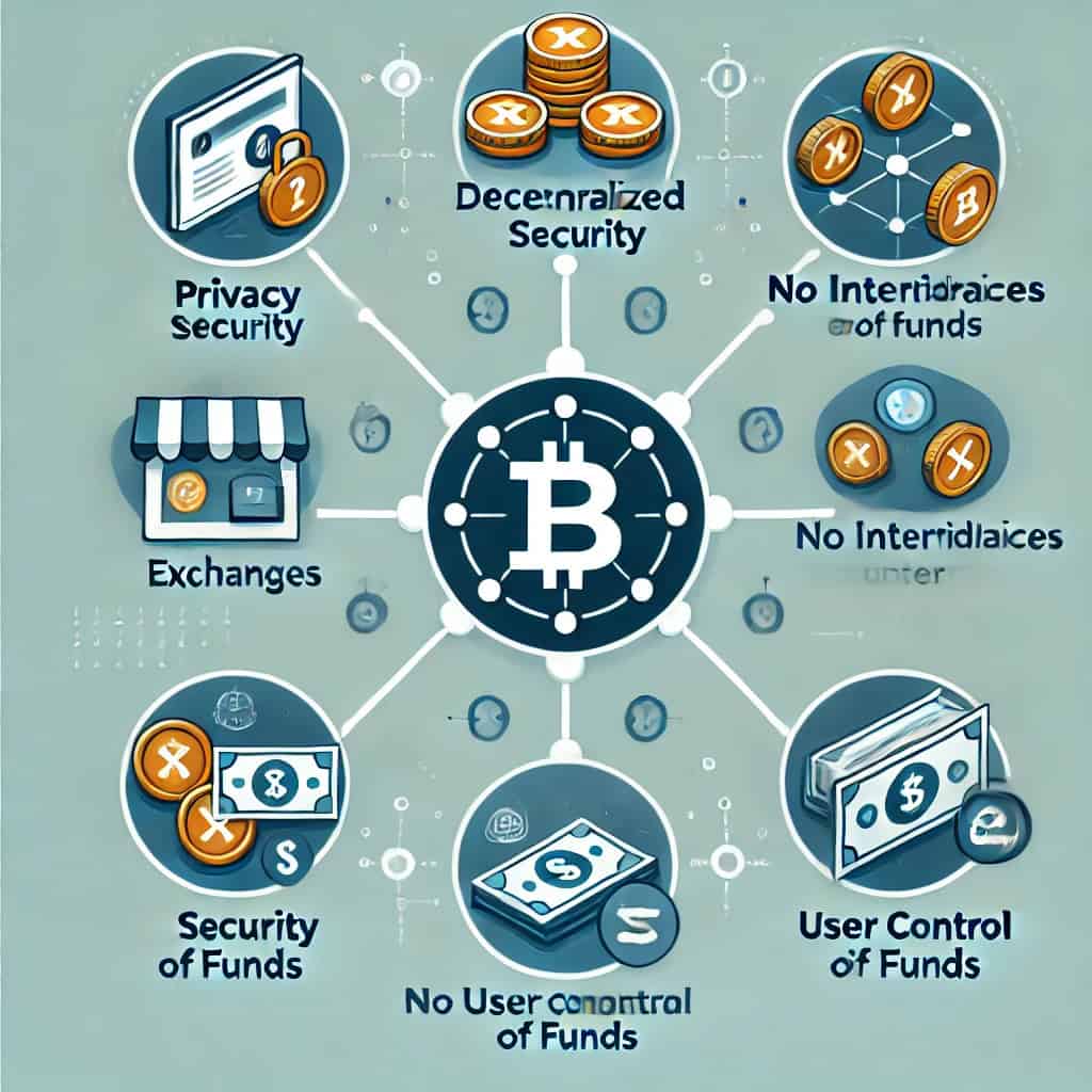 An illustration highlighting the benefits of decentralized exchanges, showing key advantages such as privacy, security, no intermediaries, and user control over funds.