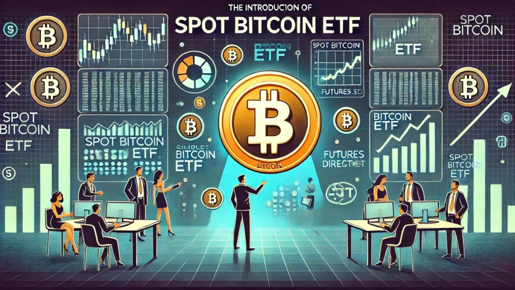 Modern animated graphic of spot Bitcoin ETF introduction with Bitcoin symbol and price charts