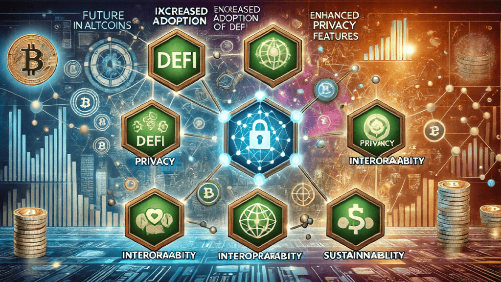 future trends in altcoins, including increased adoption of DeFi, enhanced privacy features, interoperability, and sustainability.