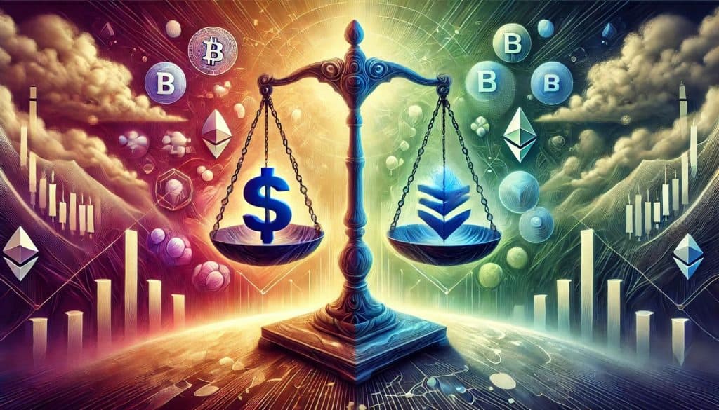 The balanced scale with the icons represents the pros and cons of centralized cryptocurrency exchanges.