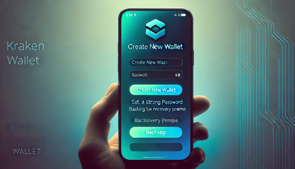 Image showing the Kraken Wallet app on a smartphone screen with the option to create a new wallet, including a 'Create New Wallet' button and fields for setting a password and backing up the recovery phrase.