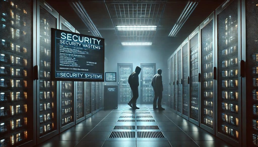 A realistic scene of a dark server room with security systems. A hacker is attempting to breach the systems, displayed on a wide shot. The room is dimly lit with ambient lighting casting harsh shadows. Digital code and security warnings are shown on the screens.