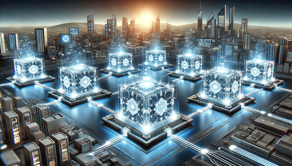 A futuristic cityscape featuring Celestia's modular approach to blockchain technology.