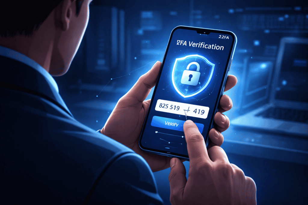 Business professional verifies two-factor authentication code on smartphone.