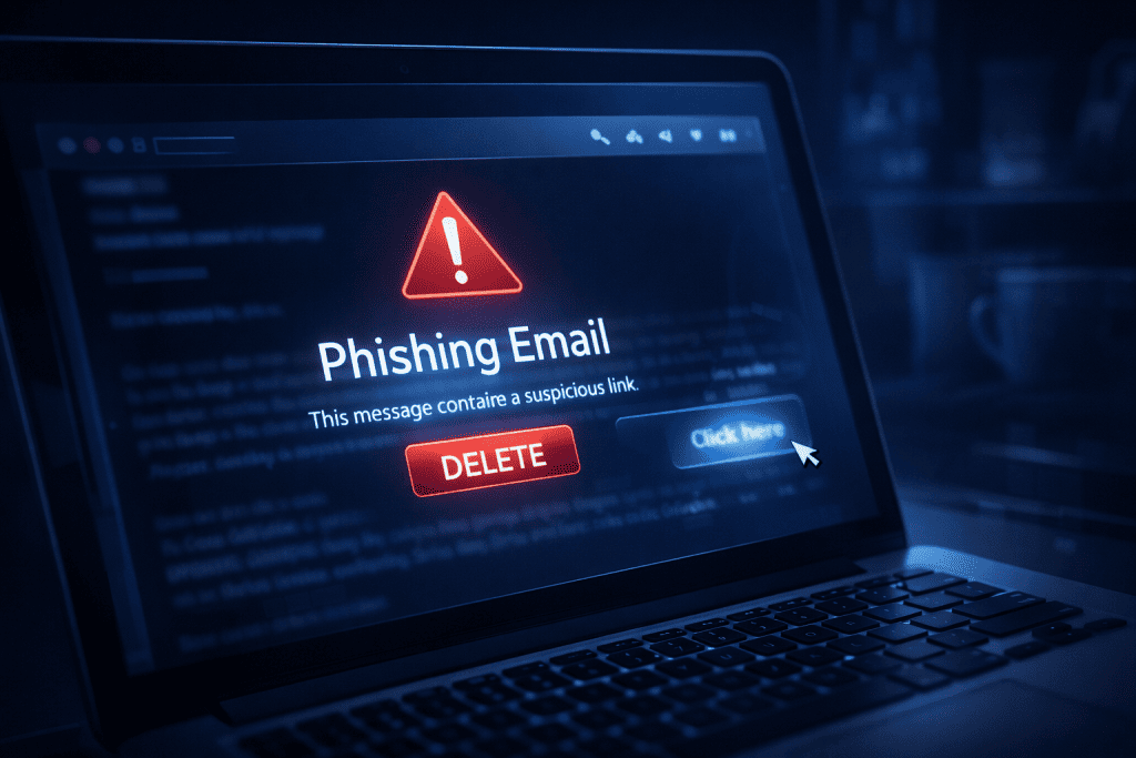 Laptop displays phishing email warning with delete and alert buttons.