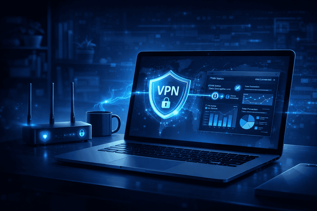 Laptop shows VPN protection with cybersecurity dashboard in home office.