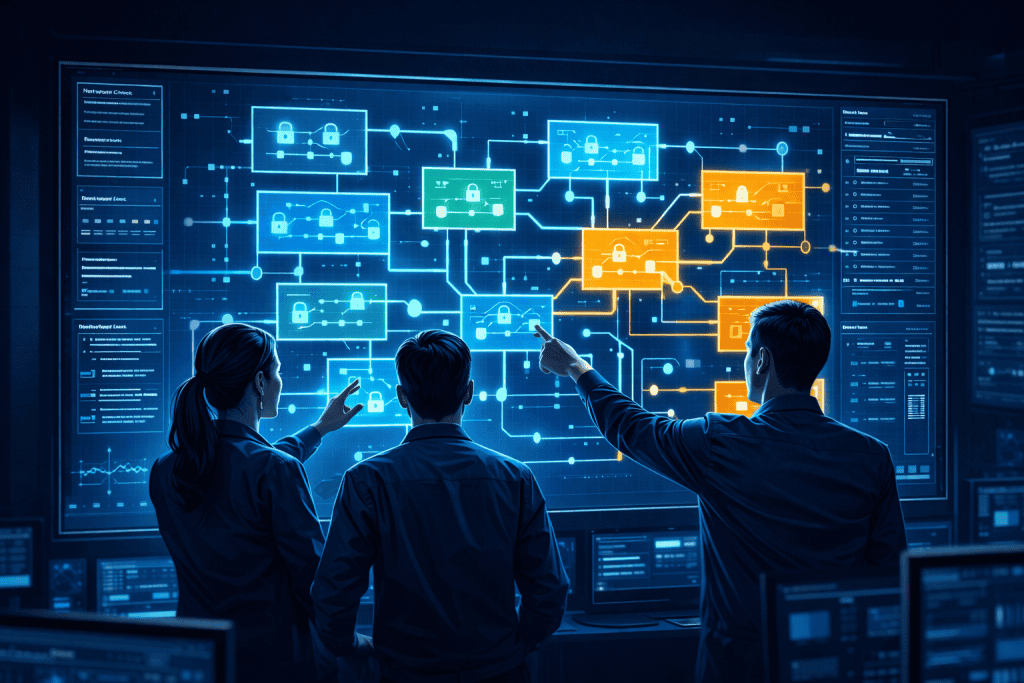 IT team mapping network segmentation on a large digital display.