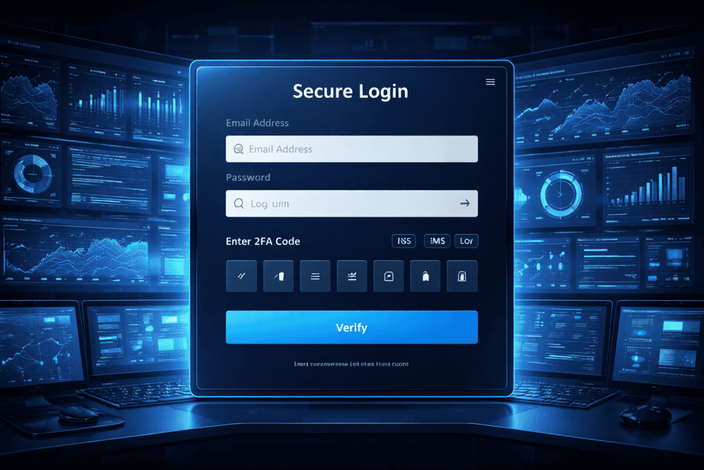 MFA login screen with verification code fields on enterprise dashboard.