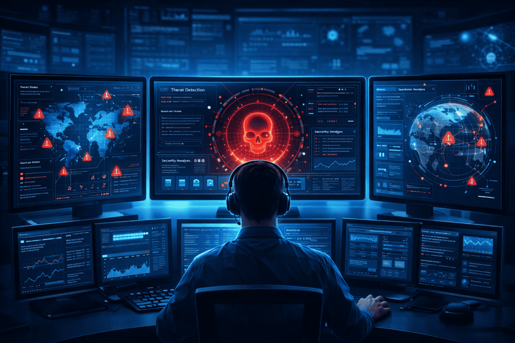 Cybersecurity analyst monitors real-time threat alerts across multiple dashboards.