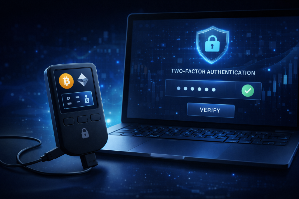 Hardware crypto wallet connected to laptop showing two-factor authentication screen.
