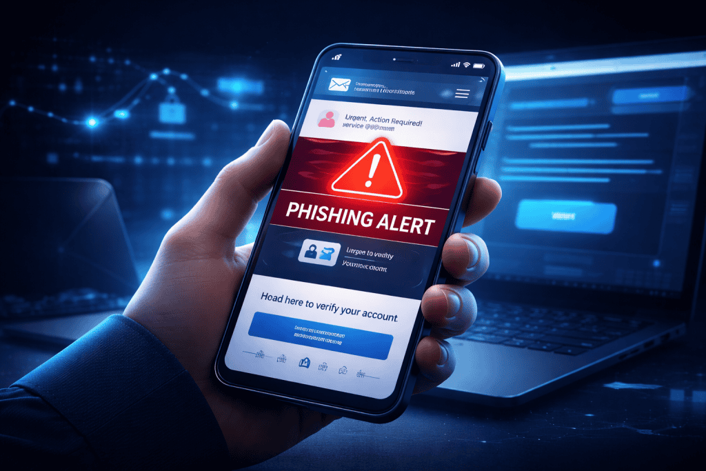 Smartphone displays phishing email with red alert warning symbol signaling a crypto scams.