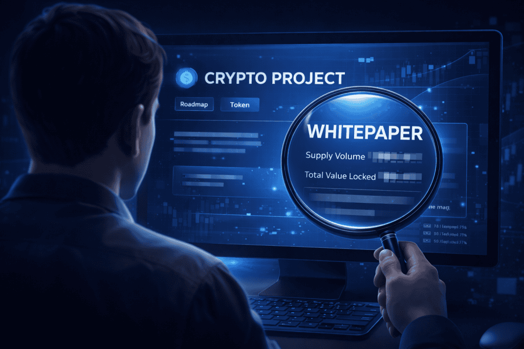 Investor inspects crypto project website with magnifying glass focus.