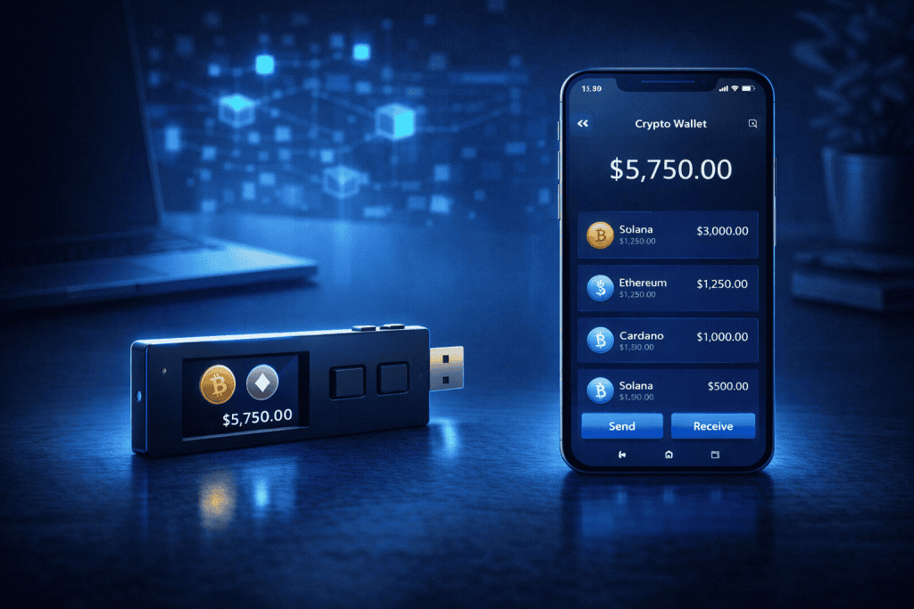 Hardware wallet beside mobile wallet app on desk.
