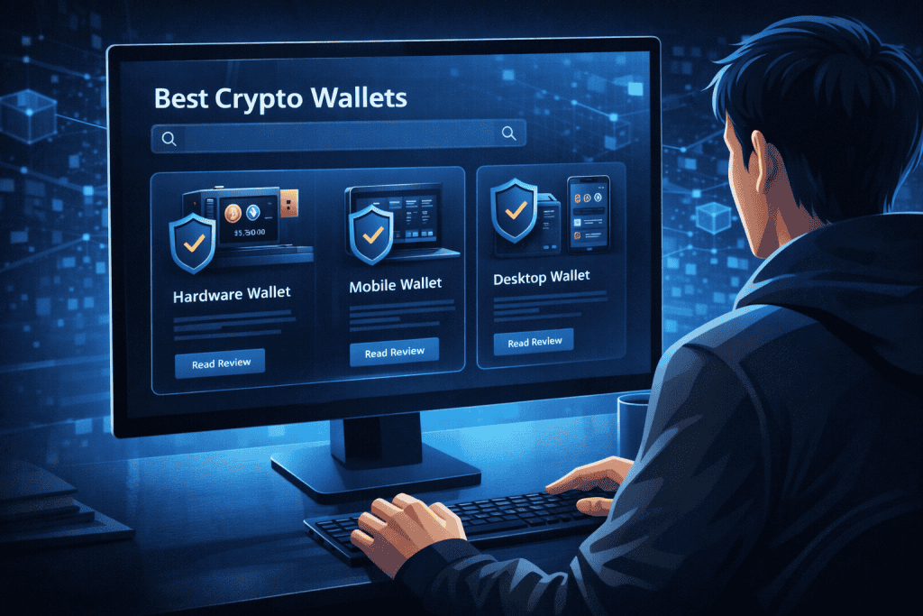 User browsing crypto wallet comparisons on desktop screen.