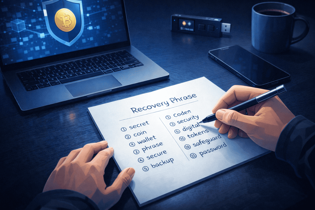 User writes recovery phrase on paper beside laptop.