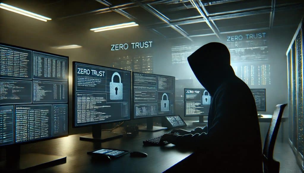 A detailed and realistic scene of a dark office setting featuring a person actively implementing Zero Trust practices. The close shot highlights the intricate details of the room, with dim ambient lighting casting harsh shadows. Monitors display digital code and security warnings, illustrating a hands-on approach to cybersecurity.