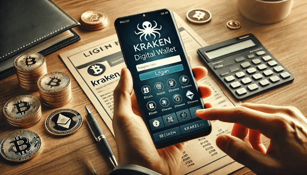 Image showing the Kraken Wallet setup on a smartphone, with steps for downloading, installing, and securing the wallet, featuring security icons.